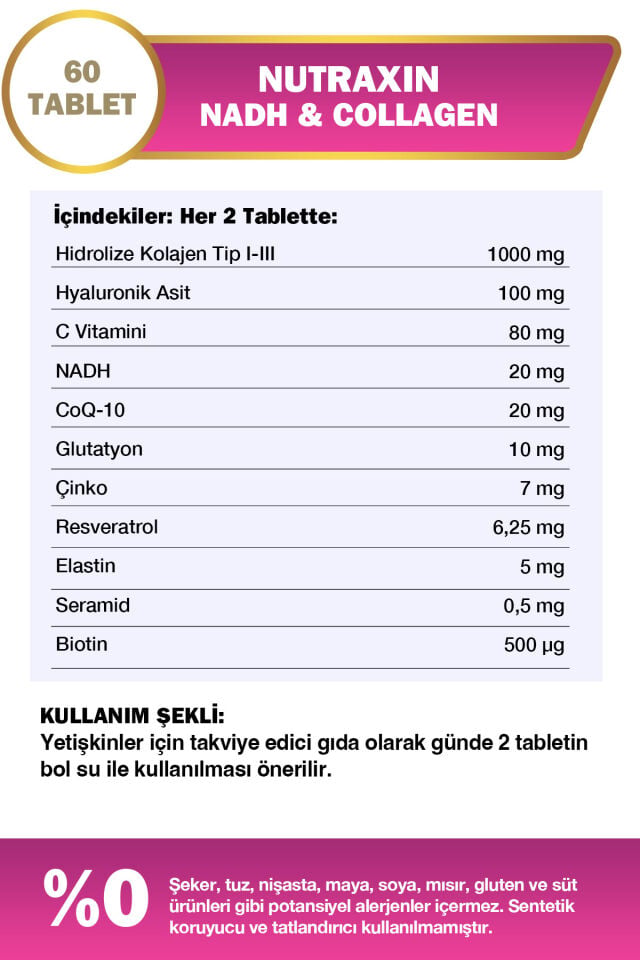 Nutraxin Nadh Collagen 60 Tablet Tip1 Tip3 Hyaluronik Asit, Elastin, Seramid, Resveratrol Glutatyon