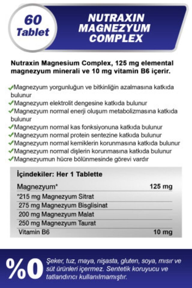 Nutraxin Magnezyum Complex 60 Tablet 250 Mg - Bisiglinat - Taurat - Malat - Sitrat - B6