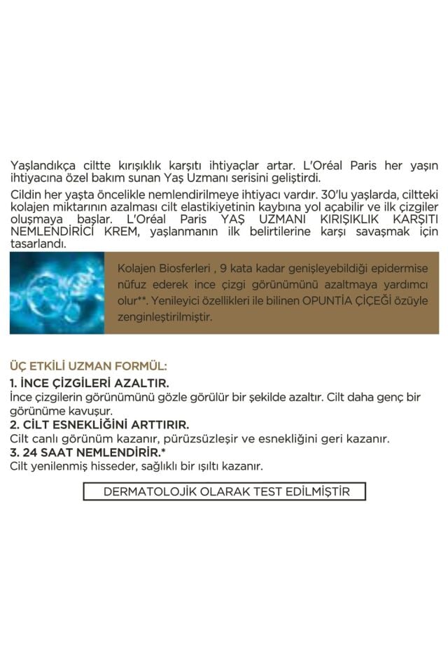 L'Oreal Paris Paris Yaş Uzmanı 30+ Kırışıklık Karşıtı Nemlendirici Krem 50 Ml